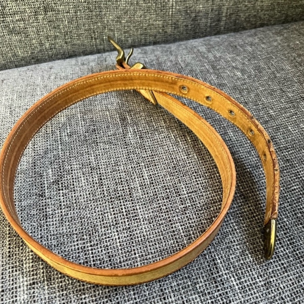 Vintage 90s Jenny & The Boys Tan Genuine Leather Brass Buckle Belt Small - Picture 3 of 6